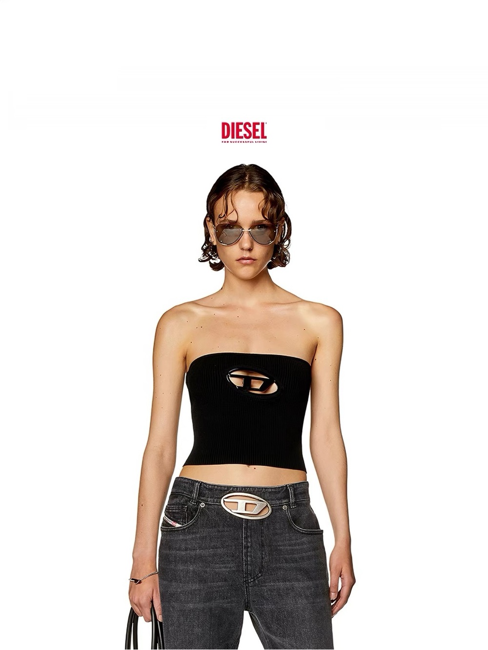 Diesel Black Strapless Ribbed Cutout Tube Top